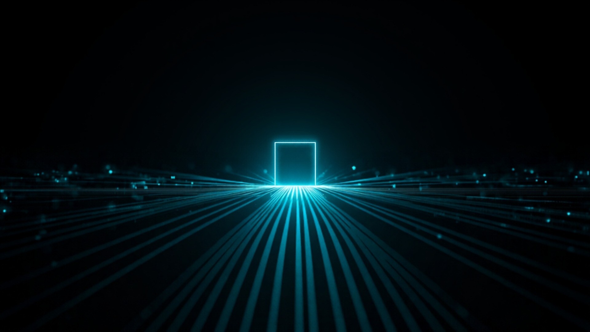 Dark data center where many cyan light paths converge on one glowing node before continuing to distant server racks