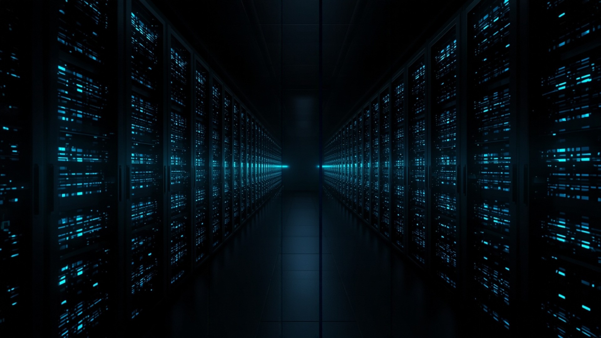 Dark data center with parallel cyan light streams converging into a narrowing channel between server racks