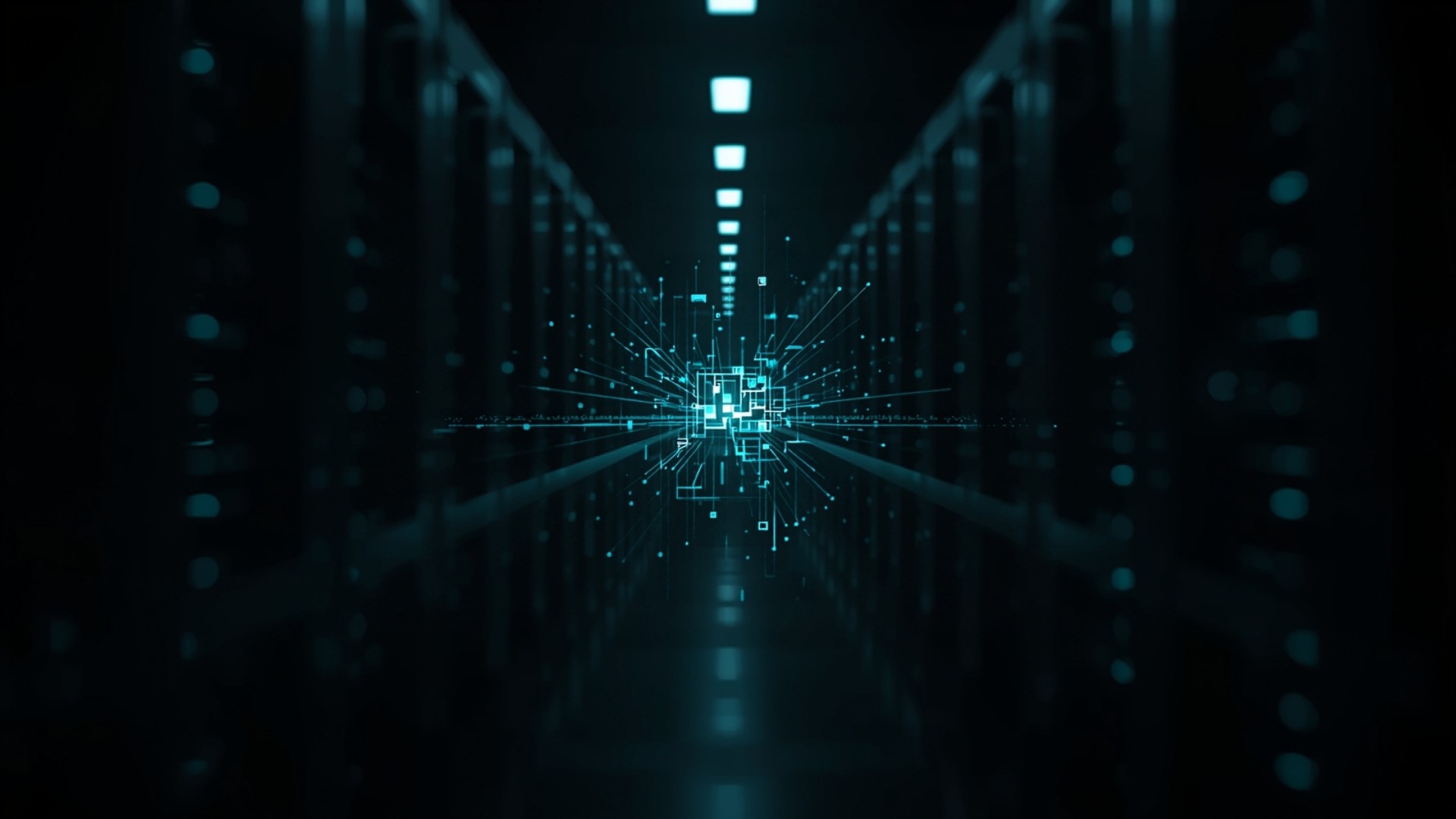 Dark data center with server racks and glowing cyan blocks arranged in ordered rows along light paths