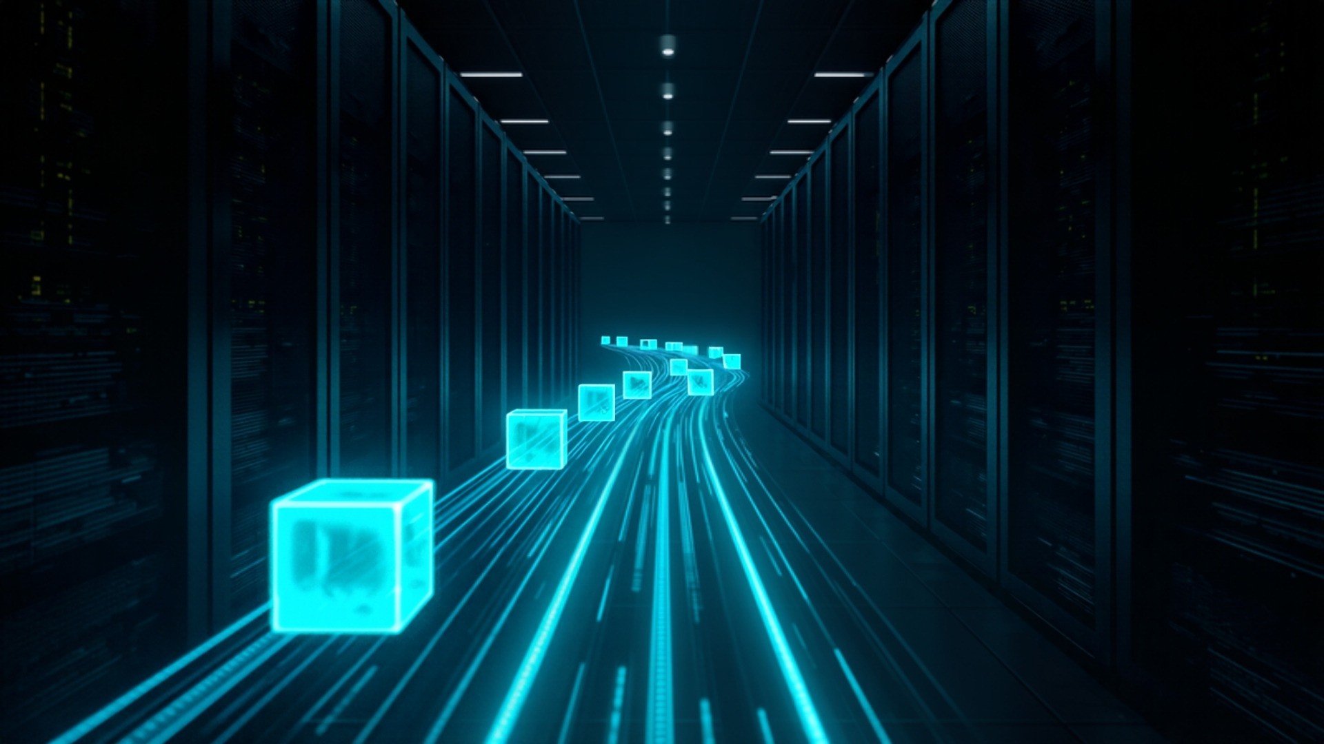 Glowing data blocks streaming between two dark server racks along a lit path in a data center