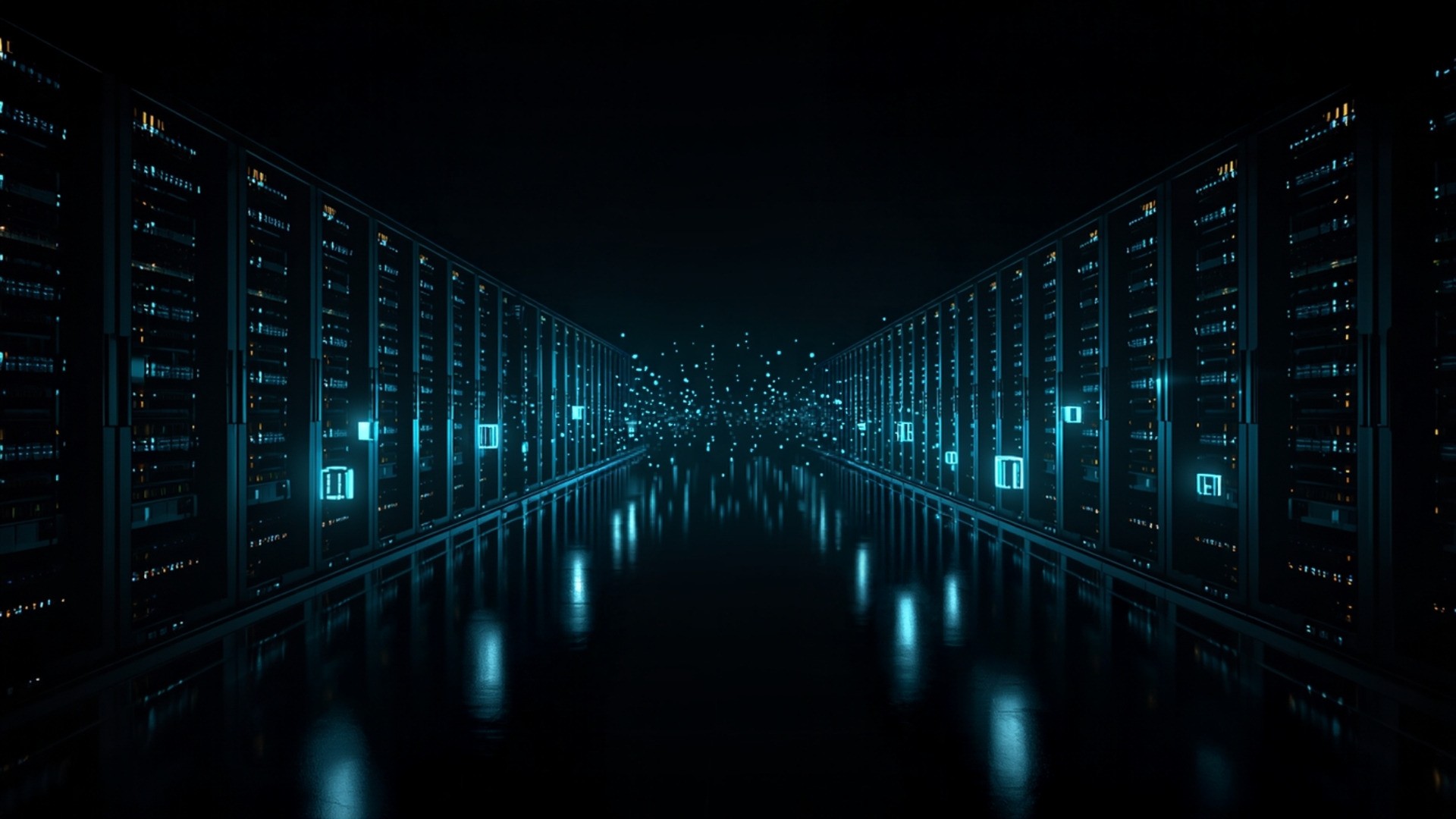 Dark data center showing two rows of racks joined by glowing cyan data paths flowing from one row to the other
