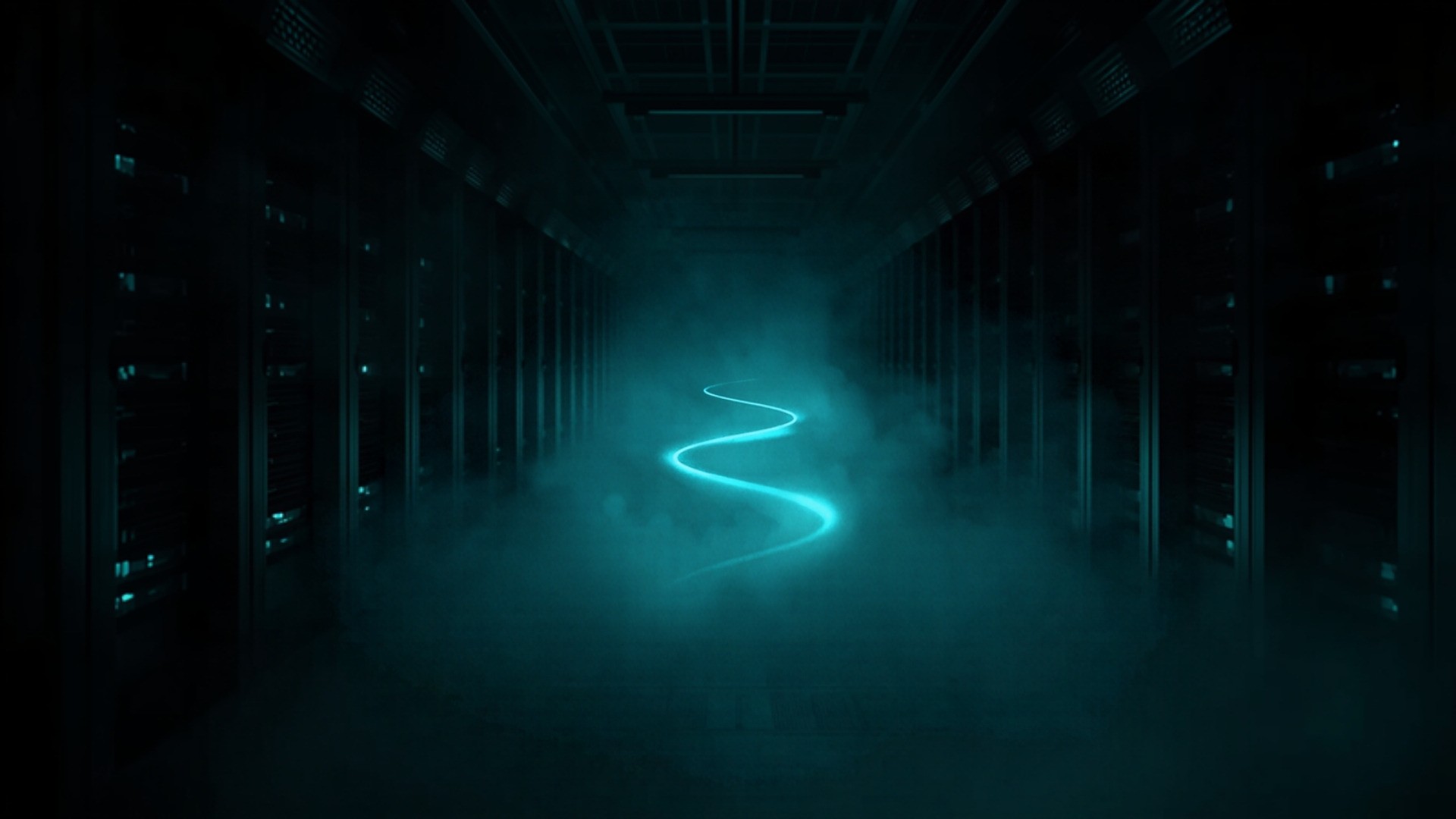Dark data center with a single glowing cyan light path traced through several racks toward one storage node